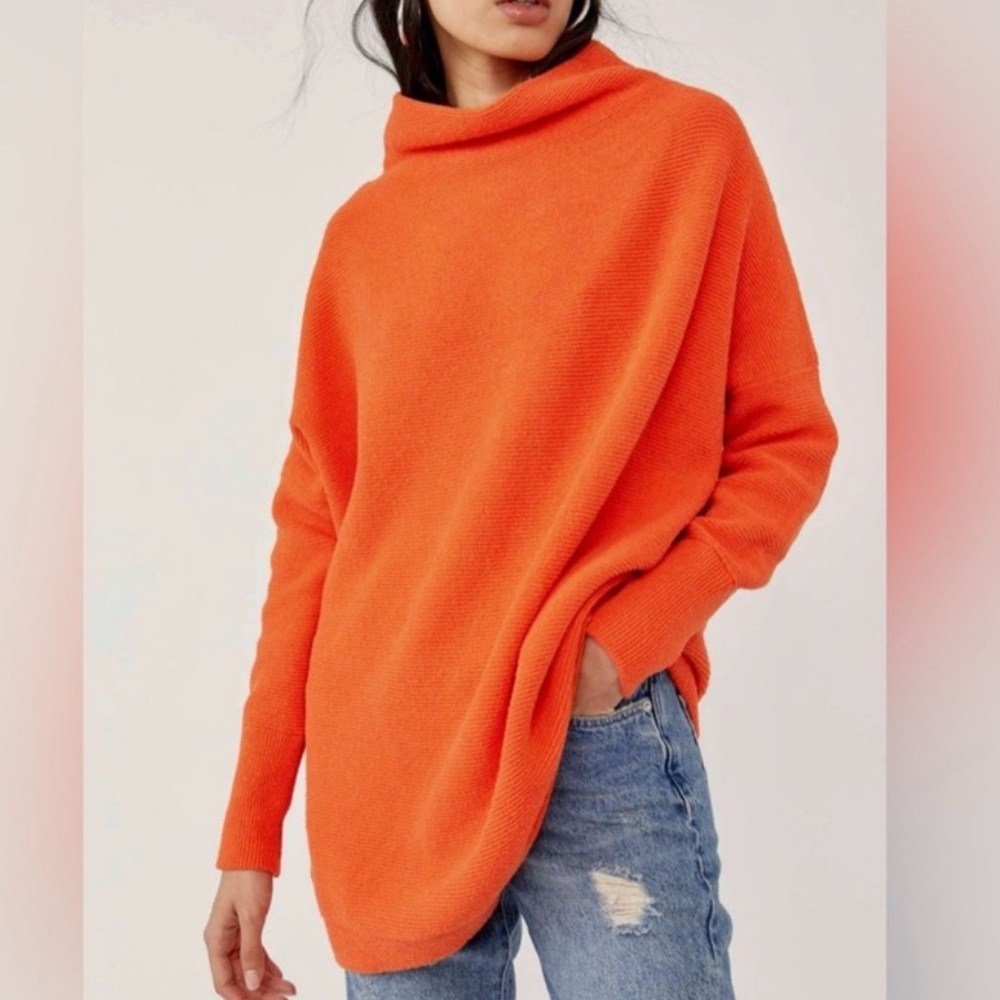 Free People Ottoman Tunic Slouchy Mock Neck Ribbed Oversized Bright Orange-S